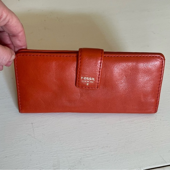 Fossil Orange Cowhide Leather Wallet Bifold Credit Card Zip Compartment Coins - Picture 15 of 15